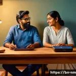 저EMF 환경에서의 전자기기 안전 사용법 - A detailed, realistic illustration of a modern Bengali household living room with visible electronic...