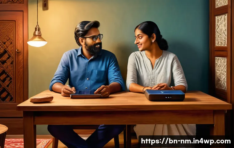 저EMF 환경에서의 전자기기 안전 사용법 - A detailed, realistic illustration of a modern Bengali household living room with visible electronic...