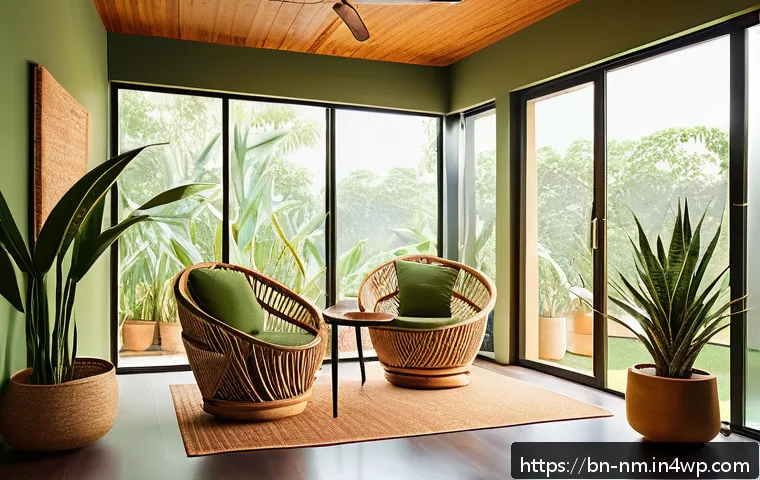EMF 차단을 위한 가정용 자원의 최적화 - A cozy modern Bengali home interior featuring natural fiber furniture like bamboo chairs and wooden ...